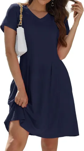 Alaster Queen Womens 2025 Casual Summer Dresses Flowing V Neck Mini Dress Short Sleeve T Shirts for Women with Pocket