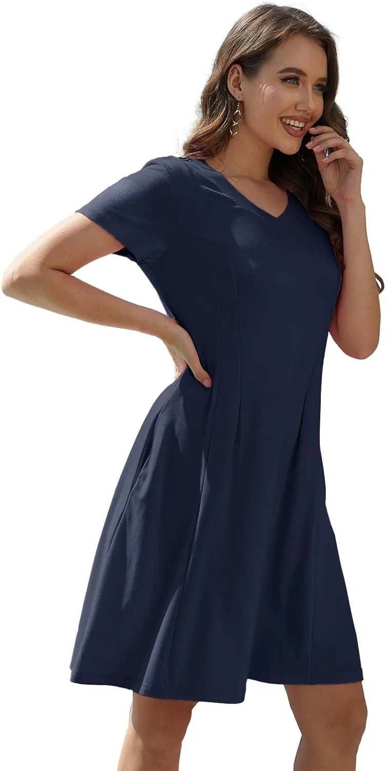 Alaster Queen Womens 2025 Casual Summer Dresses Flowing V Neck Mini Dress Short Sleeve T Shirts for Women with Pocket