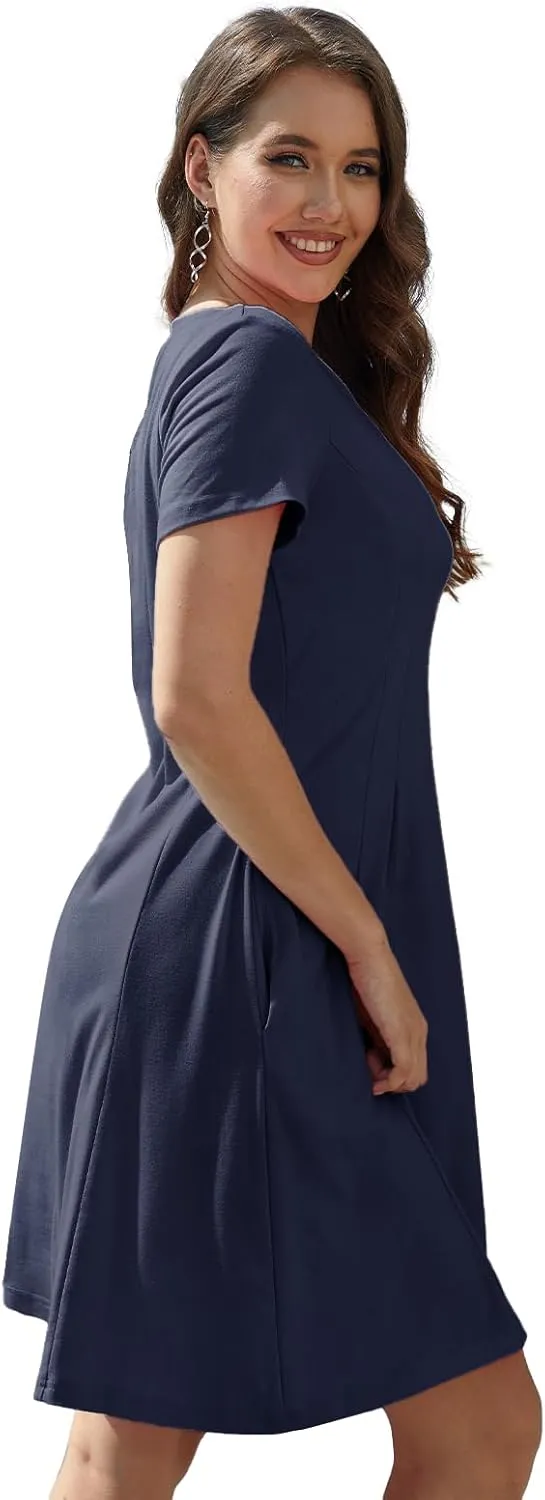 Alaster Queen Womens 2025 Casual Summer Dresses Flowing V Neck Mini Dress Short Sleeve T Shirts for Women with Pocket