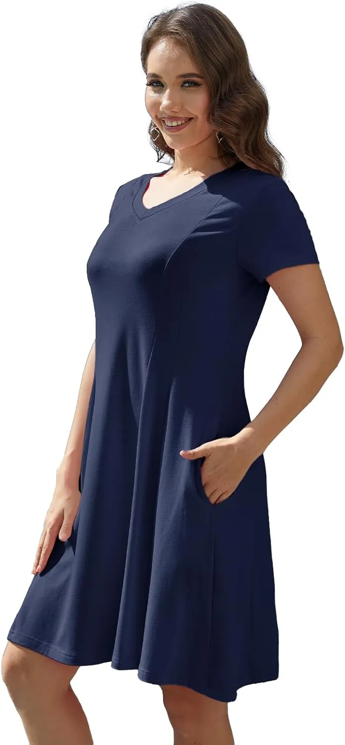 Alaster Queen Womens 2025 Casual Summer Dresses Flowing V Neck Mini Dress Short Sleeve T Shirts for Women with Pocket