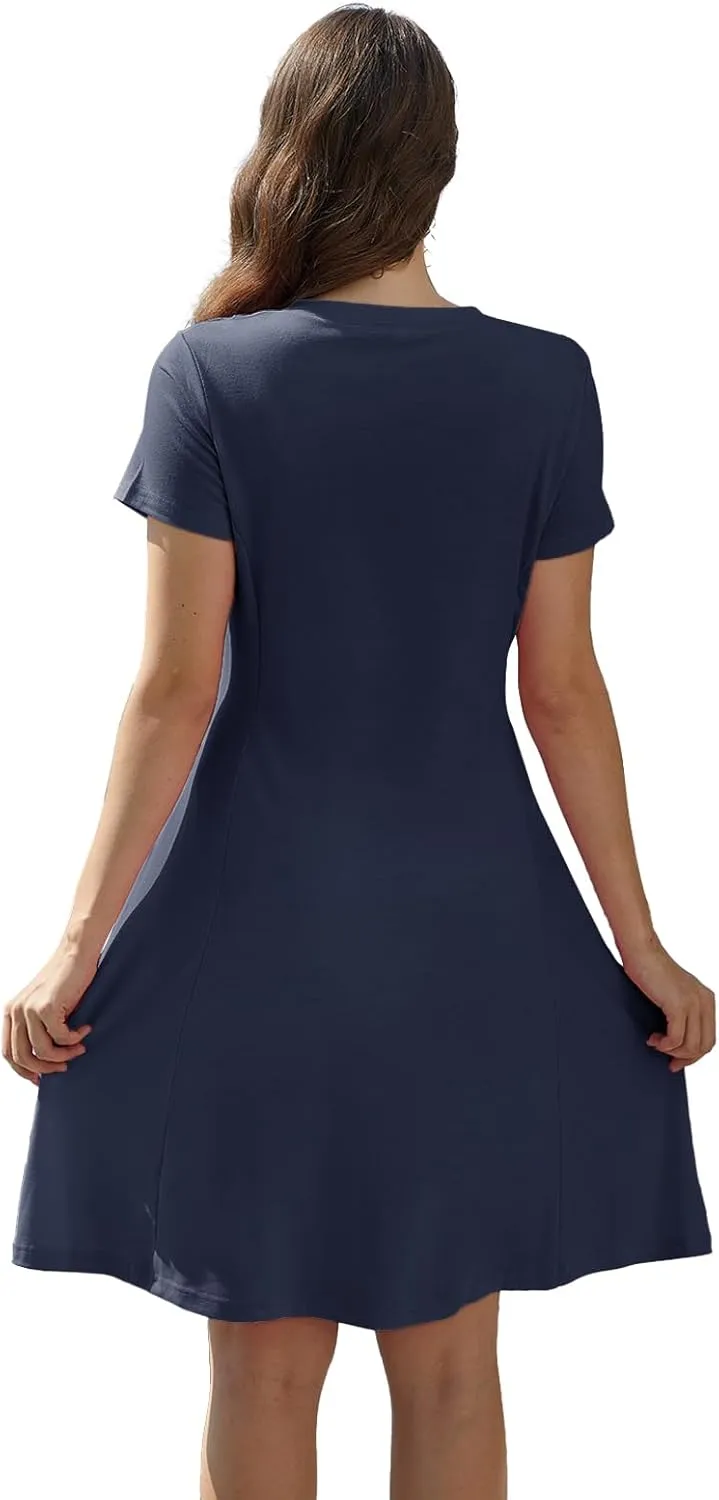 Alaster Queen Womens 2025 Casual Summer Dresses Flowing V Neck Mini Dress Short Sleeve T Shirts for Women with Pocket