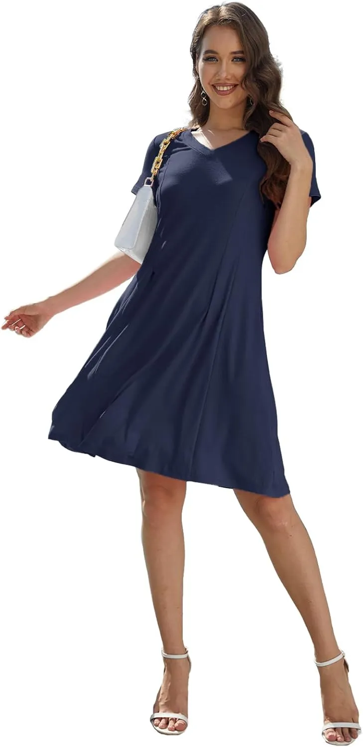 Alaster Queen Womens 2025 Casual Summer Dresses Flowing V Neck Mini Dress Short Sleeve T Shirts for Women with Pocket