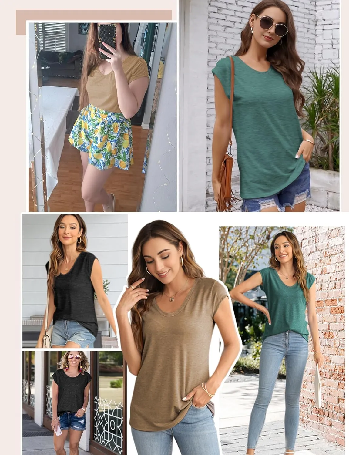 AURUZA Womens Cap Sleeve Tops Summer T Shirt Loose Fit Casual Basic Tee V Neck Tank Top Boho Tops Trendy Fashion Clothes