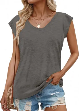 AURUZA Womens Cap Sleeve Tops Summer T Shirt Loose Fit Casual Basic Tee V Neck Tank Top Boho Tops Trendy Fashion Clothes