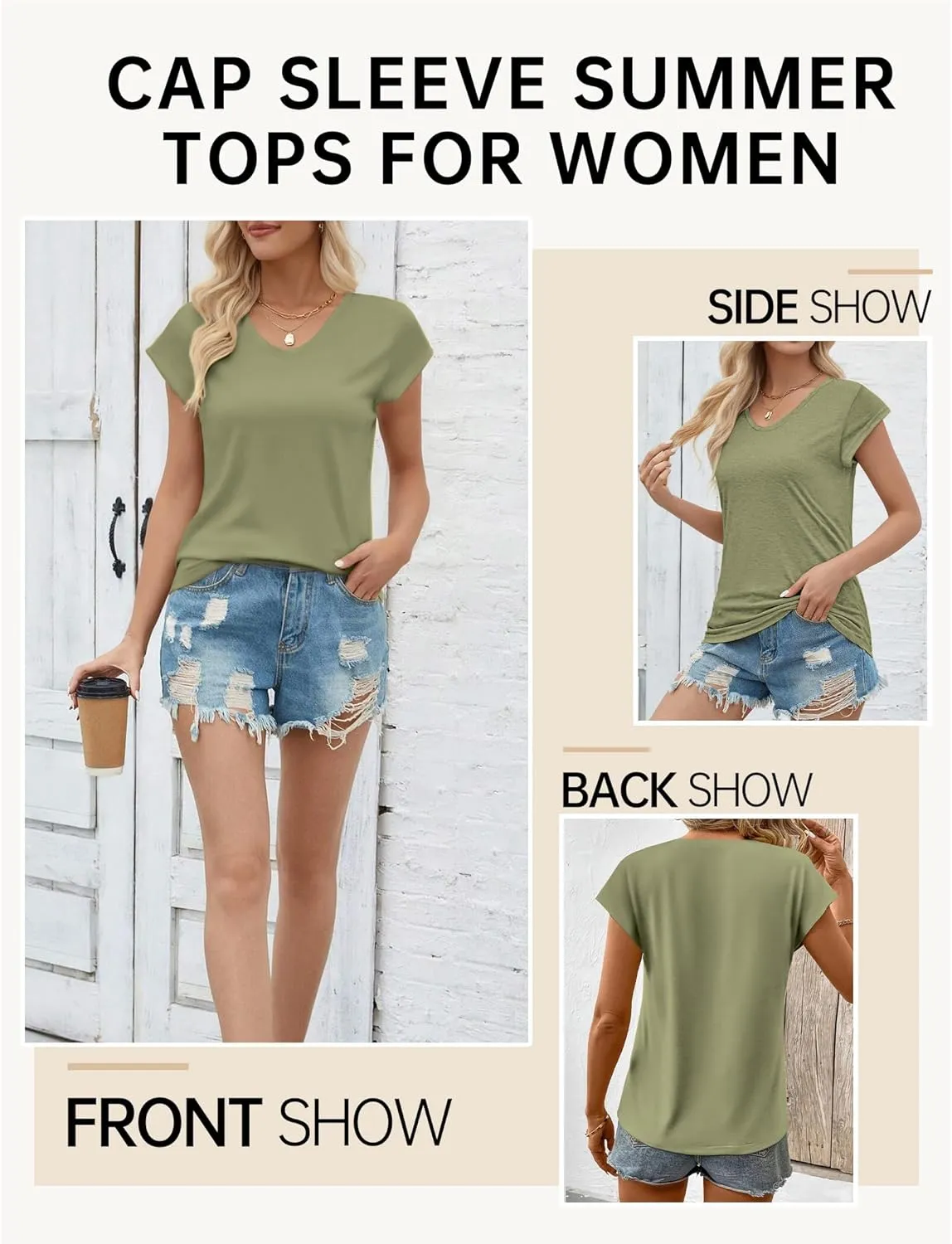 AURUZA Womens Cap Sleeve Tops Summer T Shirt Loose Fit Casual Basic Tee V Neck Tank Top Boho Tops Trendy Fashion Clothes