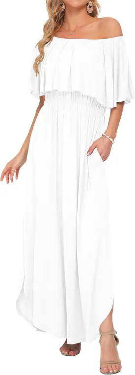 AUSELILY Womens Off The Shoulder Dress Summer Casual Long Ruffle Party Side Split Beach Maxi Dresses with Pockets
