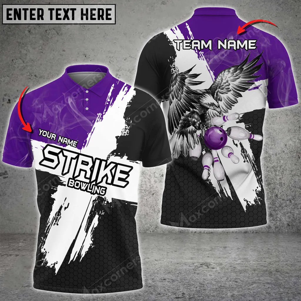 Bowling Ball & Pins Strike Eagle Multicolor Option Customized Name, Team Name 3D Polo Shirt