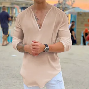 Casual Solid Color V-Neck Men'S Long-Sleeved T-Shirt