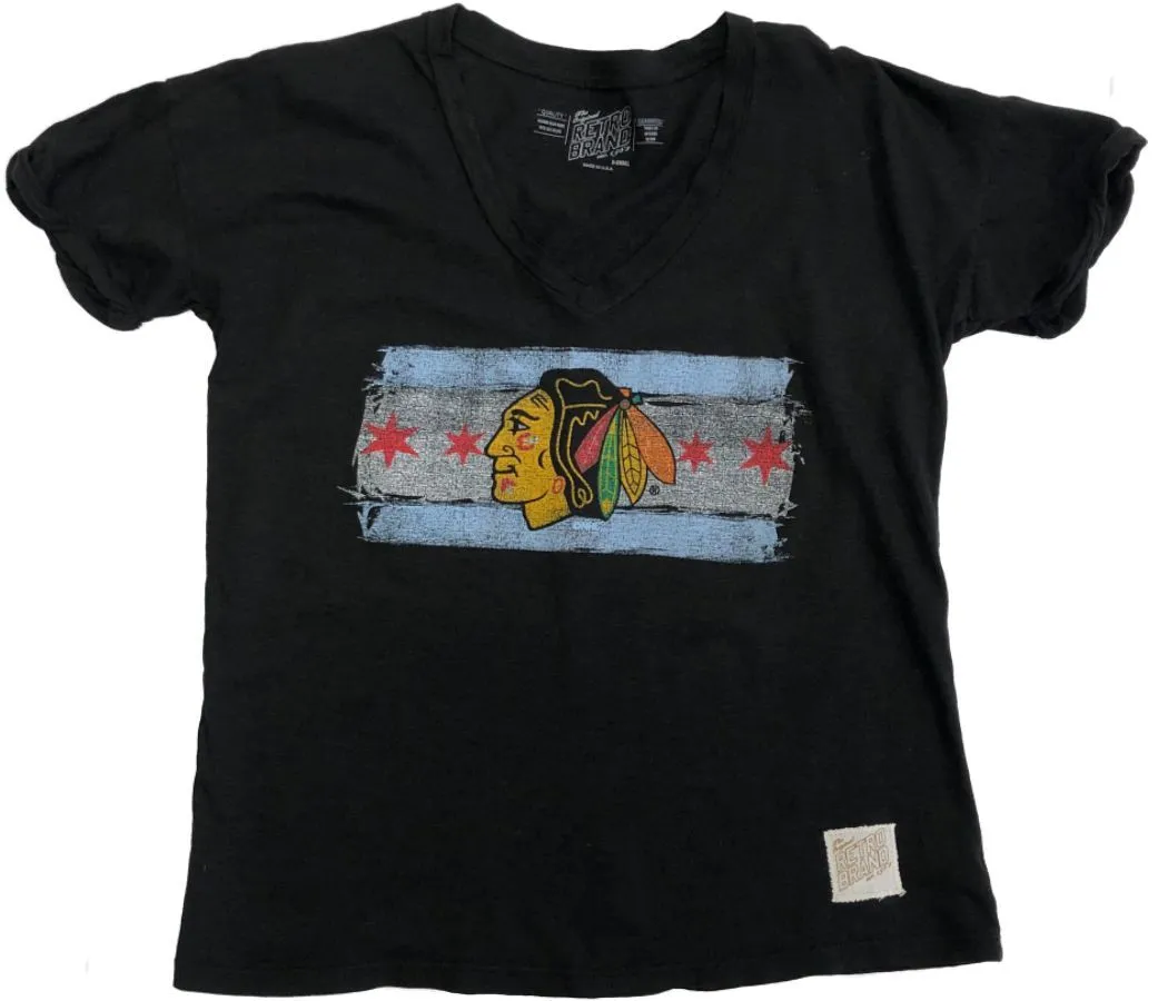 Chicago Blackhawks Retro Brand WOMENS Black Stars Stripes V-Neck T-Shirt