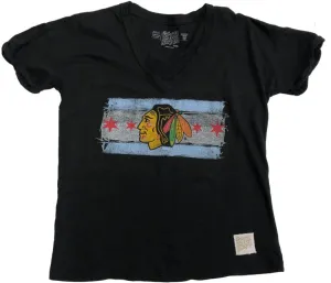 Chicago Blackhawks Retro Brand WOMENS Black Stars Stripes V-Neck T-Shirt