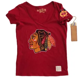 Chicago Blackhawks Retro Brand WOMENS Red Faded Logo SS V-Neck T-Shirt (XL)
