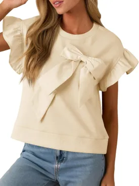 Cicy Bell Womens Ruffle Sleeve T Shirts Summer Casual Bow Tops Loose Fit Crew Neck Tees