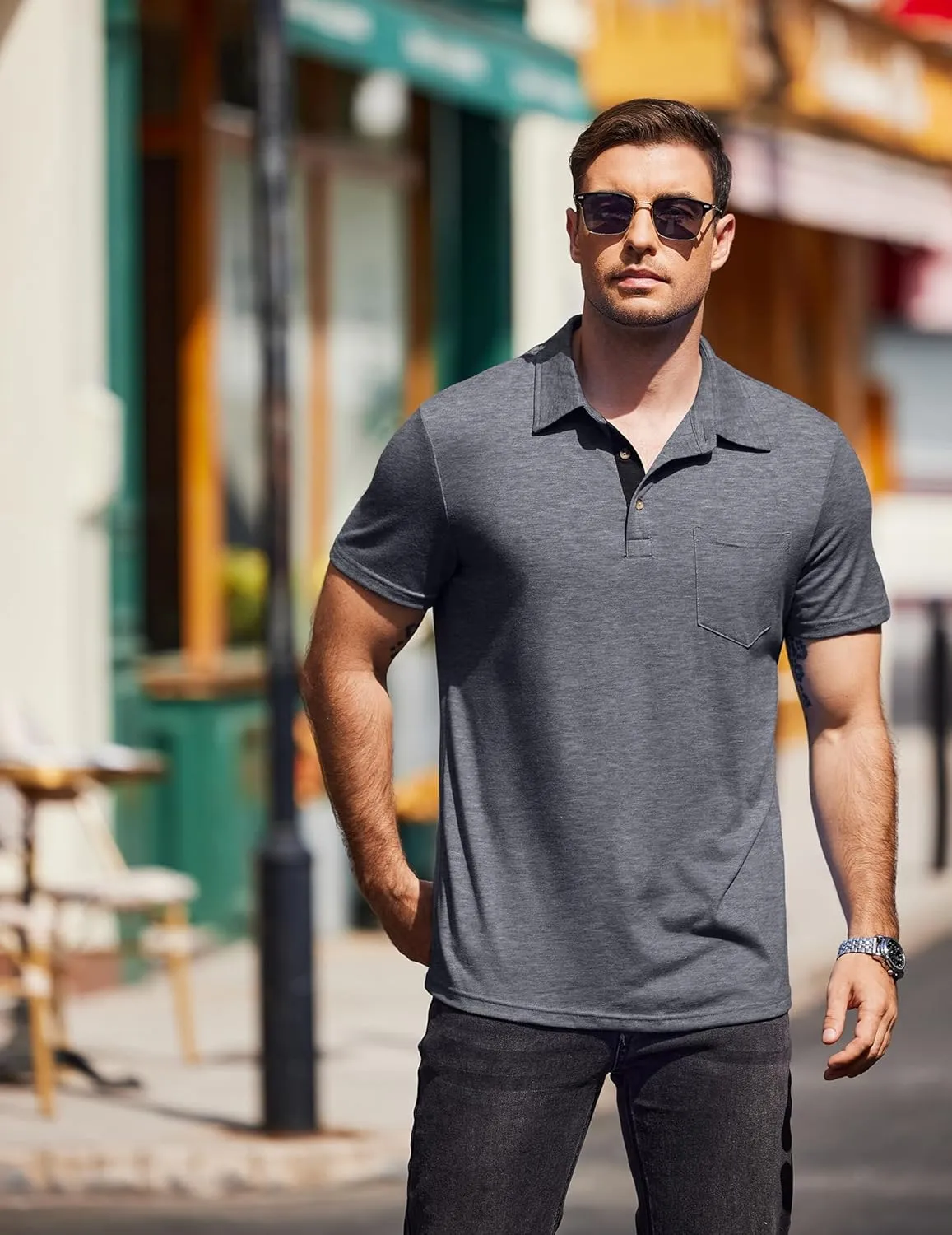 COOFANDY Men Short Sleeve Polo Shirt Casual Summer Collar Shirts Dress Button Polo T Shirt Classic Golf Shirts