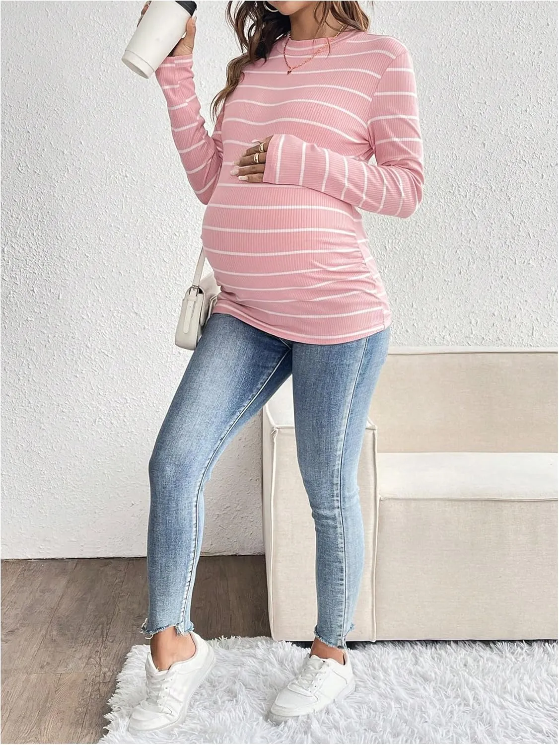 COZYEASE Women's Maternity Clothes Striped Ribbed Knit Tee Tops Long Sleeve Crewneck Slim Fit T Shirt