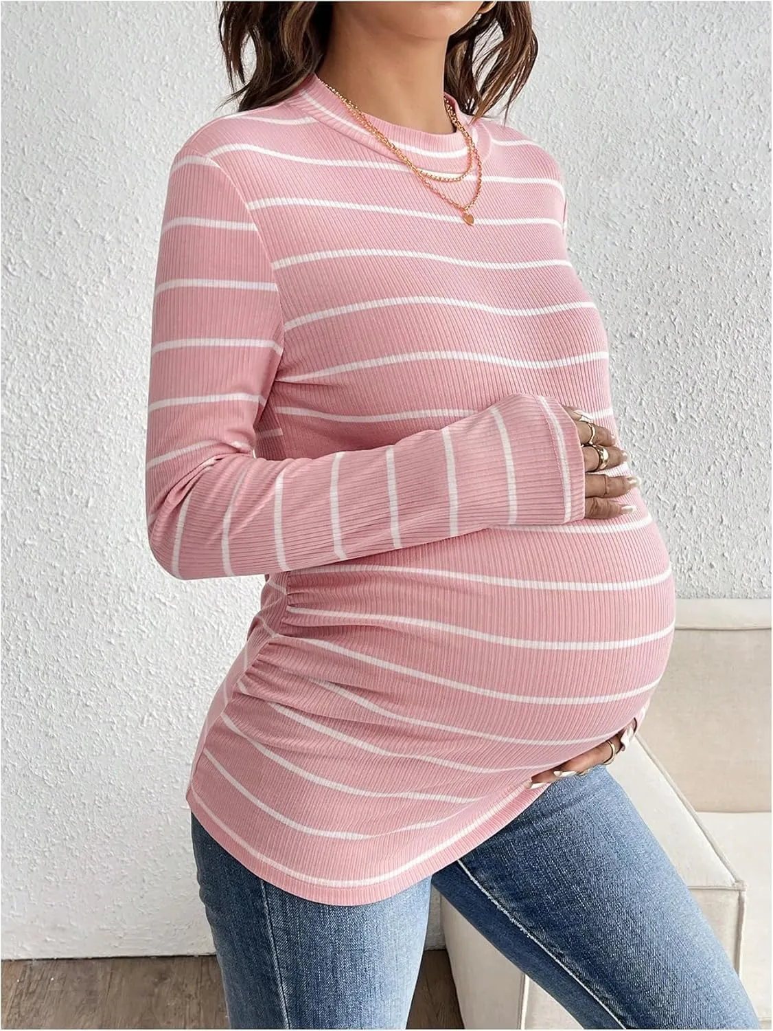 COZYEASE Women's Maternity Clothes Striped Ribbed Knit Tee Tops Long Sleeve Crewneck Slim Fit T Shirt