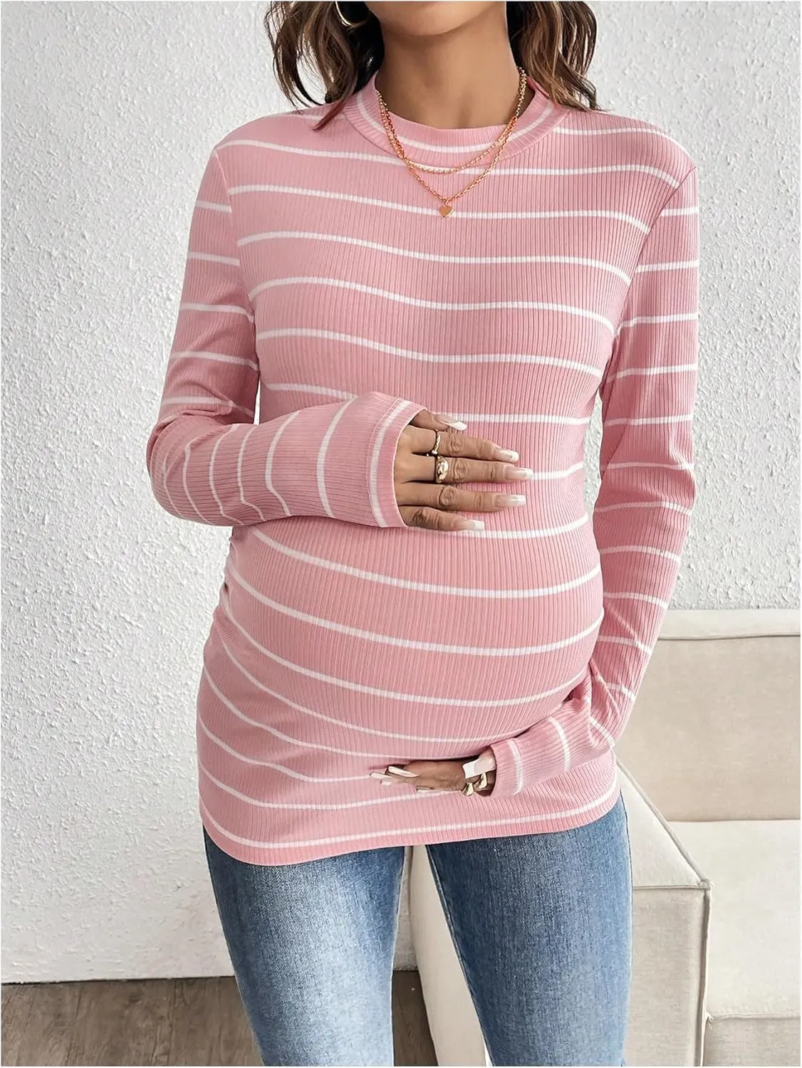 COZYEASE Women's Maternity Clothes Striped Ribbed Knit Tee Tops Long Sleeve Crewneck Slim Fit T Shirt