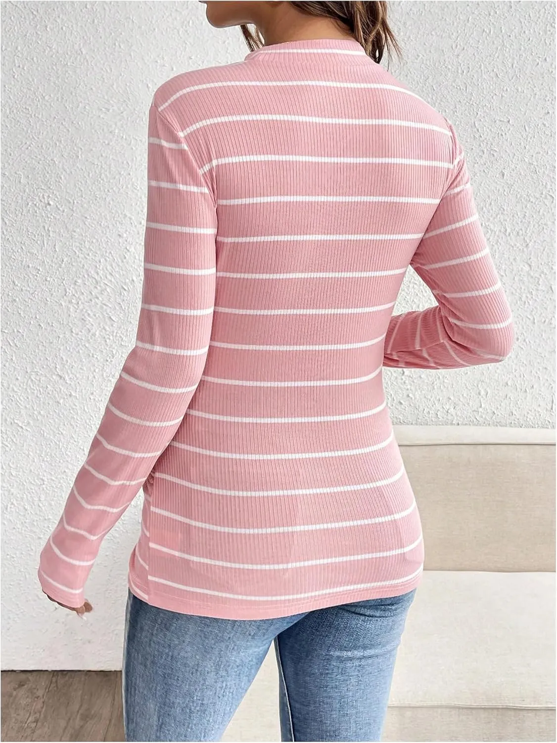 COZYEASE Women's Maternity Clothes Striped Ribbed Knit Tee Tops Long Sleeve Crewneck Slim Fit T Shirt