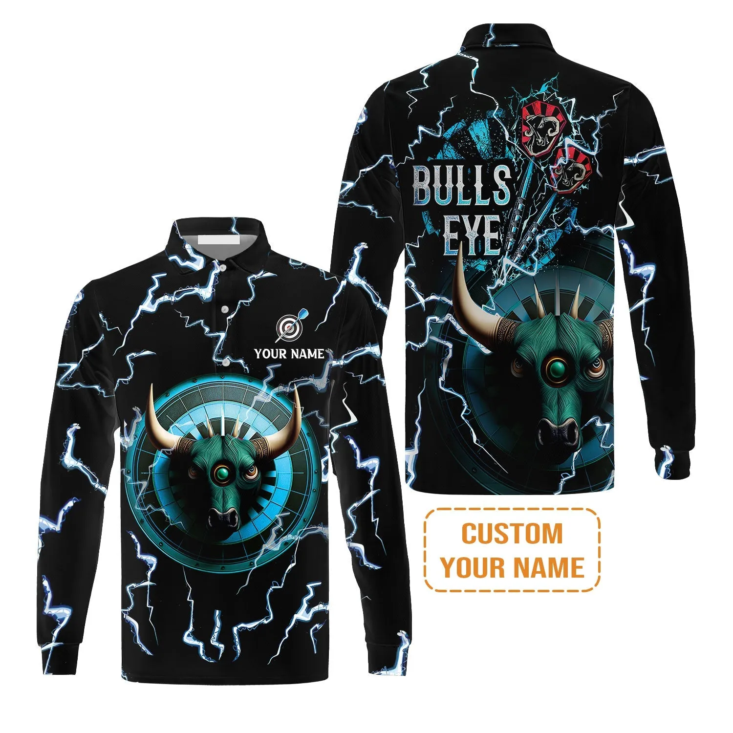 Customized Darts Bull Eyes Dartboard Men's Long Sleeve Polo Shirt, Perfect Gift for Dart Players