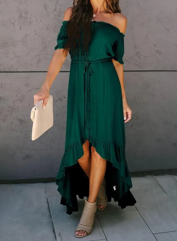 Dokotoo Womens 2025 Off The Shoulder Casual Short Sleeve Maxi Dress High Low Solid Cocktail Skater Dresses