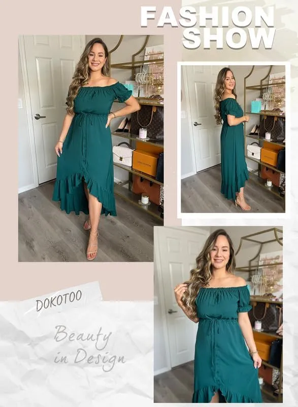 Dokotoo Womens 2025 Off The Shoulder Casual Short Sleeve Maxi Dress High Low Solid Cocktail Skater Dresses