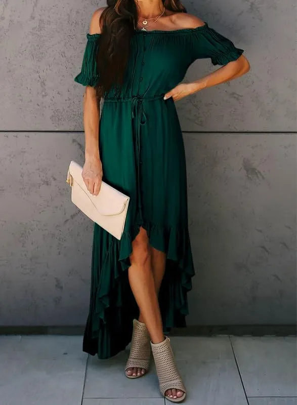Dokotoo Womens 2025 Off The Shoulder Casual Short Sleeve Maxi Dress High Low Solid Cocktail Skater Dresses