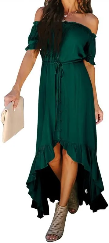 Dokotoo Womens 2025 Off The Shoulder Casual Short Sleeve Maxi Dress High Low Solid Cocktail Skater Dresses