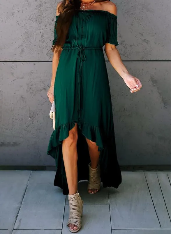 Dokotoo Womens 2025 Off The Shoulder Casual Short Sleeve Maxi Dress High Low Solid Cocktail Skater Dresses