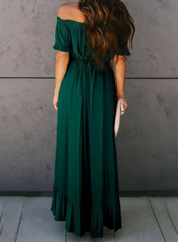 Dokotoo Womens 2025 Off The Shoulder Casual Short Sleeve Maxi Dress High Low Solid Cocktail Skater Dresses