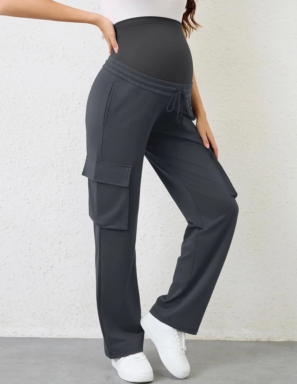 FABRACK Women's Maternity Cargo Pants Sweatpants Over The Belly Casual Comfy Drawstring Pregnancy Pants with 4 Pockets