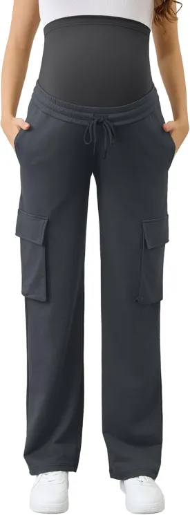 FABRACK Women's Maternity Cargo Pants Sweatpants Over The Belly Casual Comfy Drawstring Pregnancy Pants with 4 Pockets