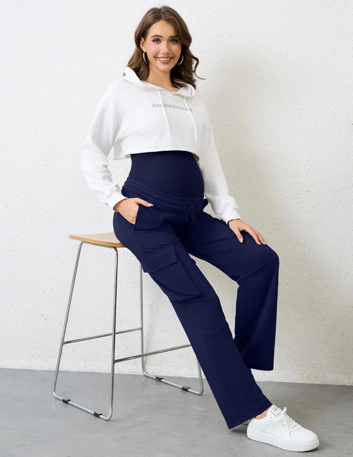 FABRACK Women's Maternity Cargo Pants Sweatpants Over The Belly Casual Comfy Drawstring Pregnancy Pants with 4 Pockets