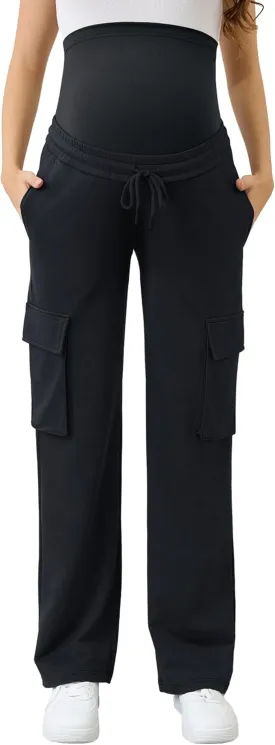 FABRACK Women's Maternity Cargo Pants Sweatpants Over The Belly Casual Comfy Drawstring Pregnancy Pants with 4 Pockets