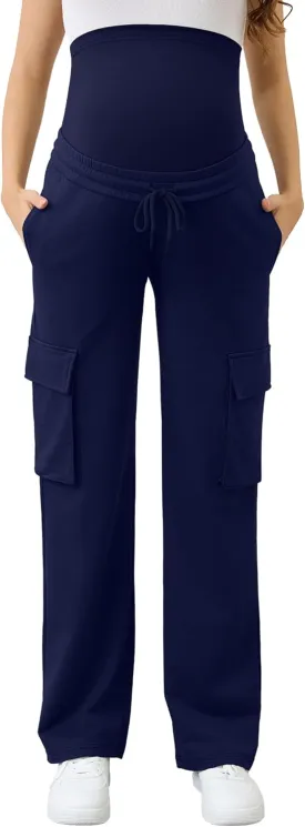 FABRACK Women's Maternity Cargo Pants Sweatpants Over The Belly Casual Comfy Drawstring Pregnancy Pants with 4 Pockets