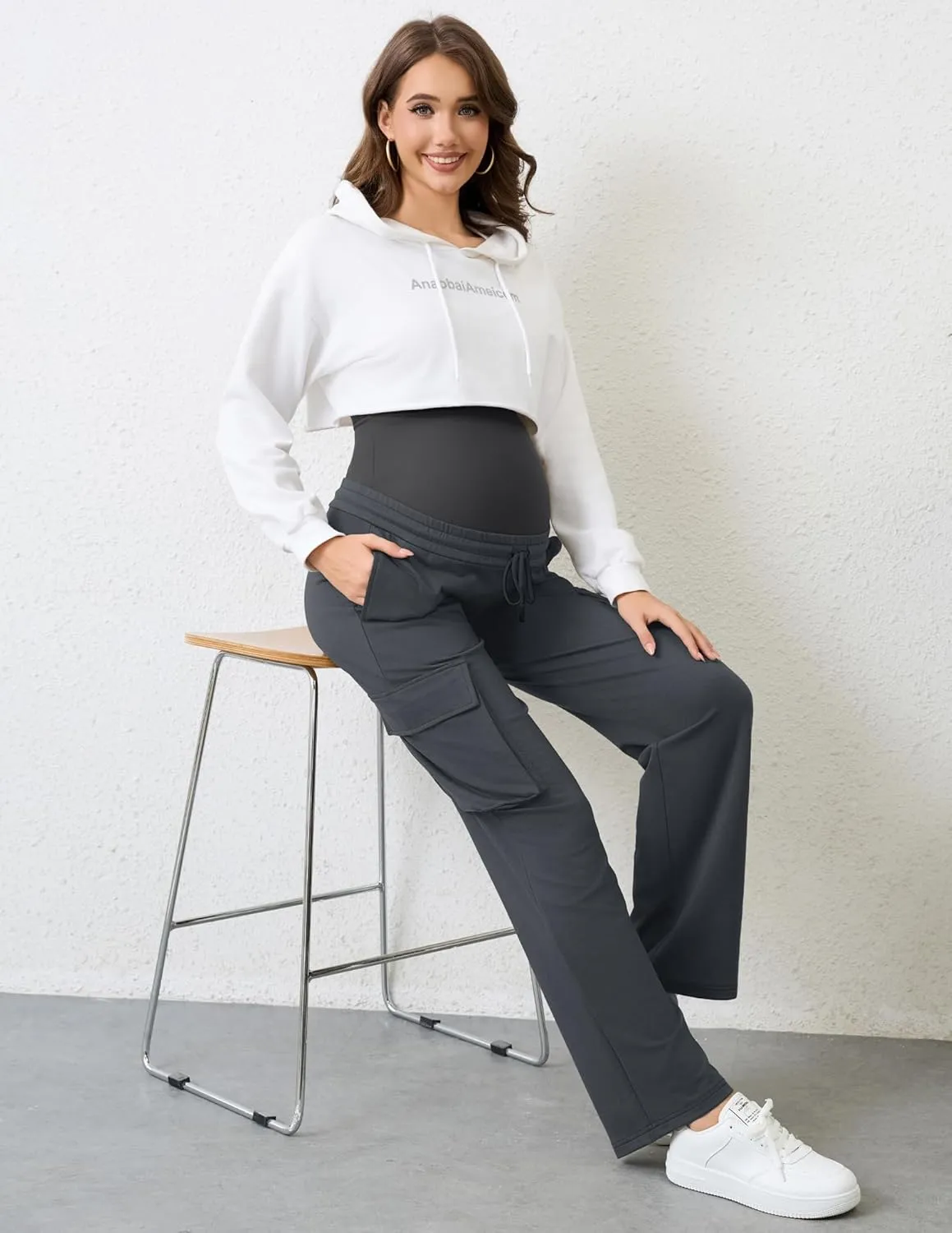 FABRACK Women's Maternity Cargo Pants Sweatpants Over The Belly Casual Comfy Drawstring Pregnancy Pants with 4 Pockets