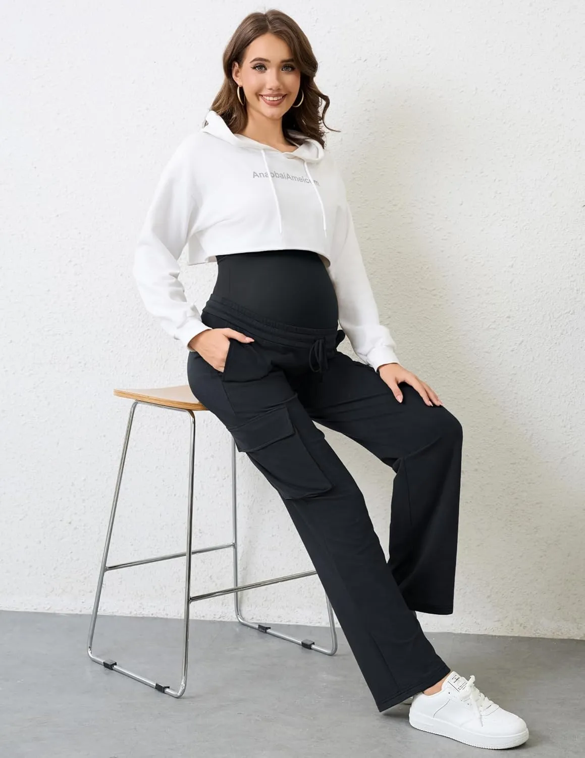 FABRACK Women's Maternity Cargo Pants Sweatpants Over The Belly Casual Comfy Drawstring Pregnancy Pants with 4 Pockets