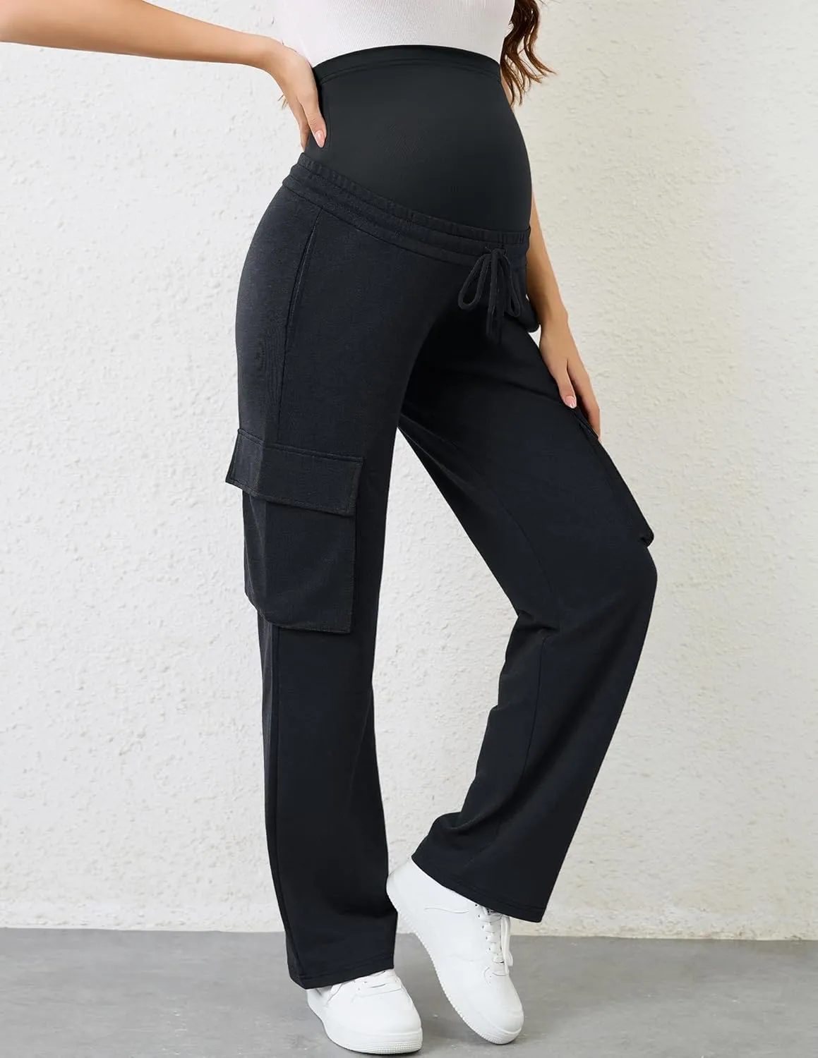 FABRACK Women's Maternity Cargo Pants Sweatpants Over The Belly Casual Comfy Drawstring Pregnancy Pants with 4 Pockets