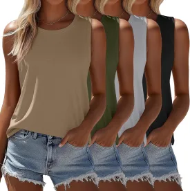 Ficerd 4 Pack Women's Sleeveless Tops, Casual Summer Loose Fit T Shirts Solid Color Tunic Tank Tops Ladies' Crew Neck Tee