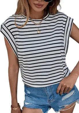 Floerns Women's Casual Stripe Print Cap Sleeve T Shirts Round Neck Tee