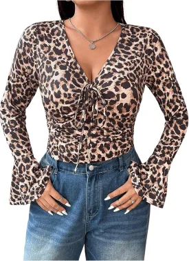 Floerns Women's Plus Size V Neck Long Sleeve Wrap Knot Front T Shirt Crop Top