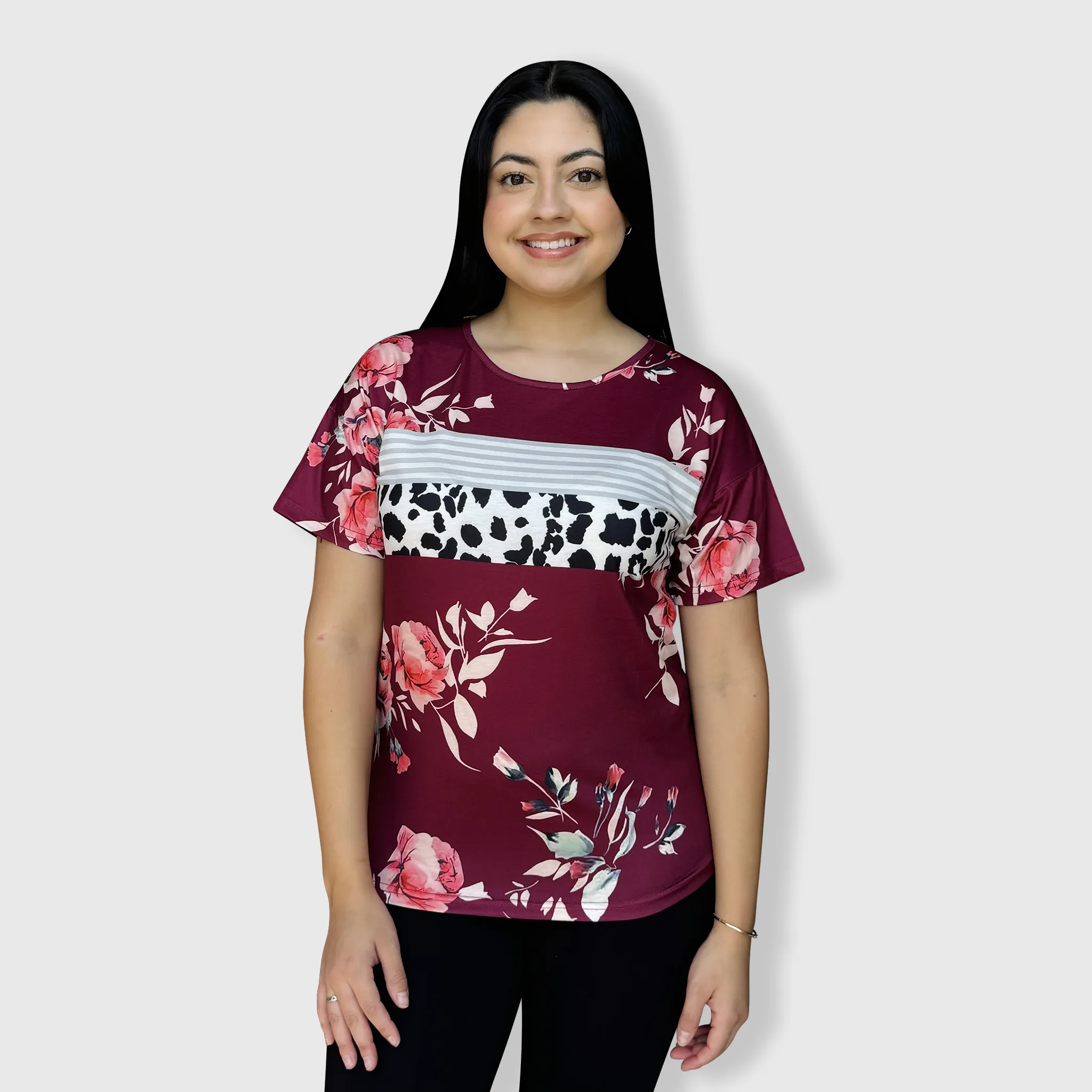 Floral Burgundy Striped Cow Top