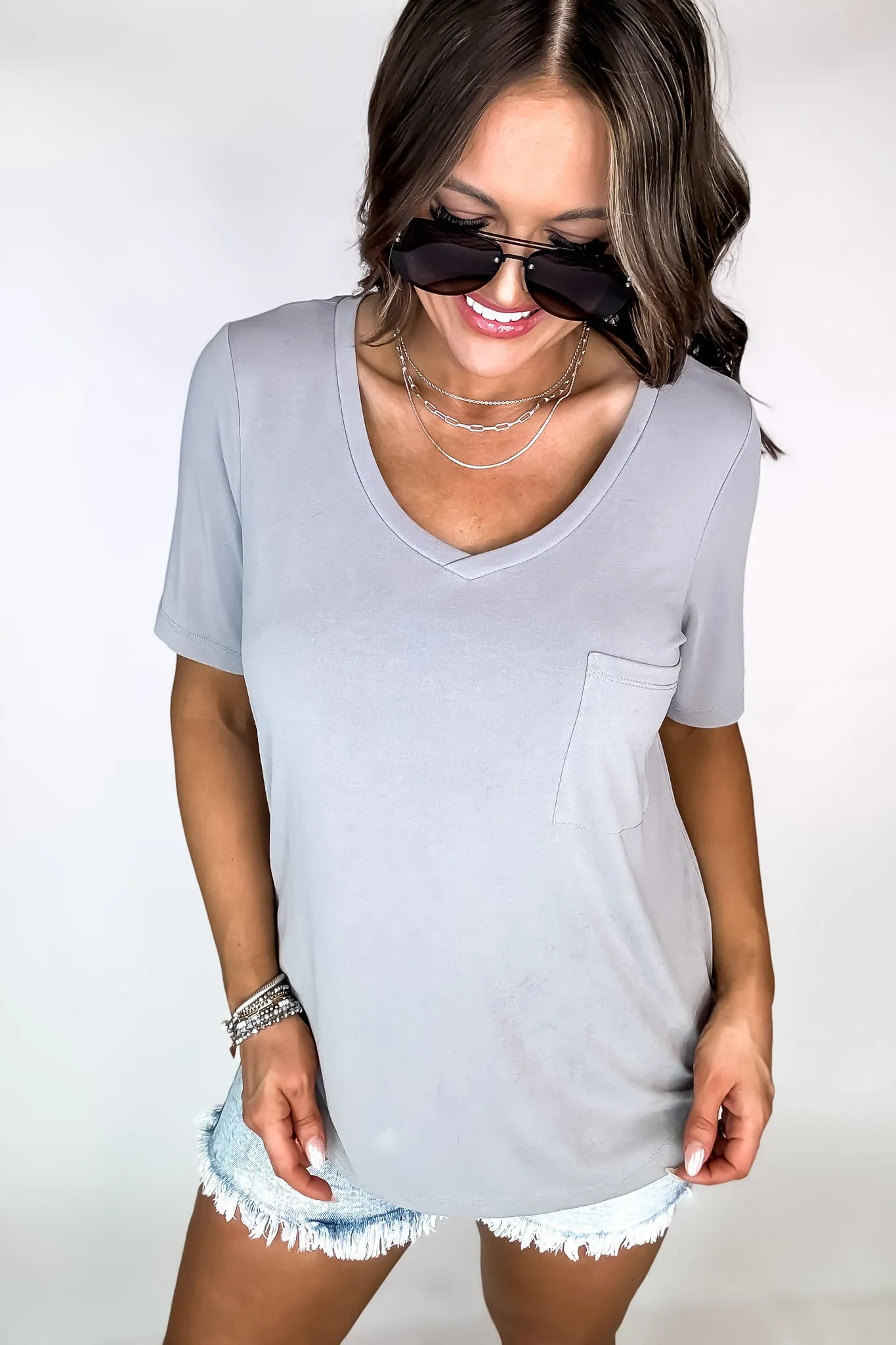 Framing My World Grey Knit Solid Jersey Basic V-Neck T-Shirt