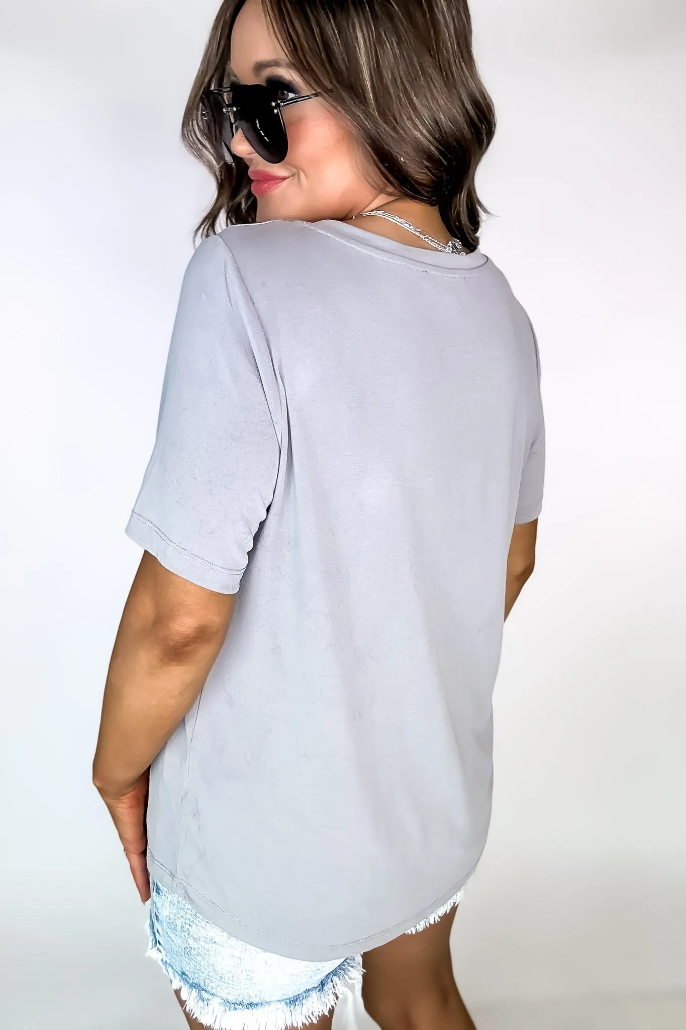 Framing My World Grey Knit Solid Jersey Basic V-Neck T-Shirt