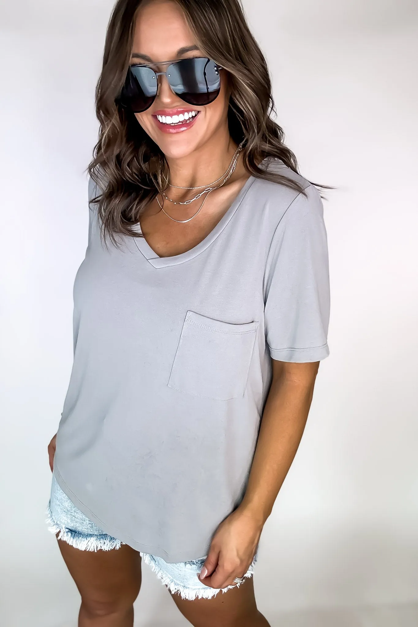 Framing My World Grey Knit Solid Jersey Basic V-Neck T-Shirt