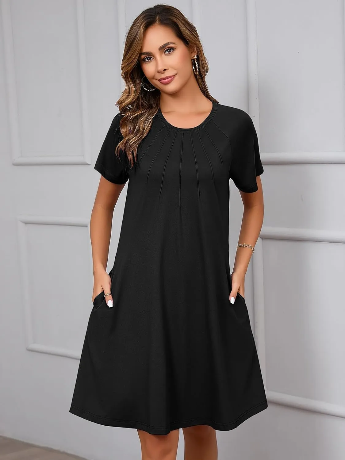 Heymoments Women's Summer Short Sleeve Crew Neck Midi Dresses Casual T-Shirt Sundress with Pockets