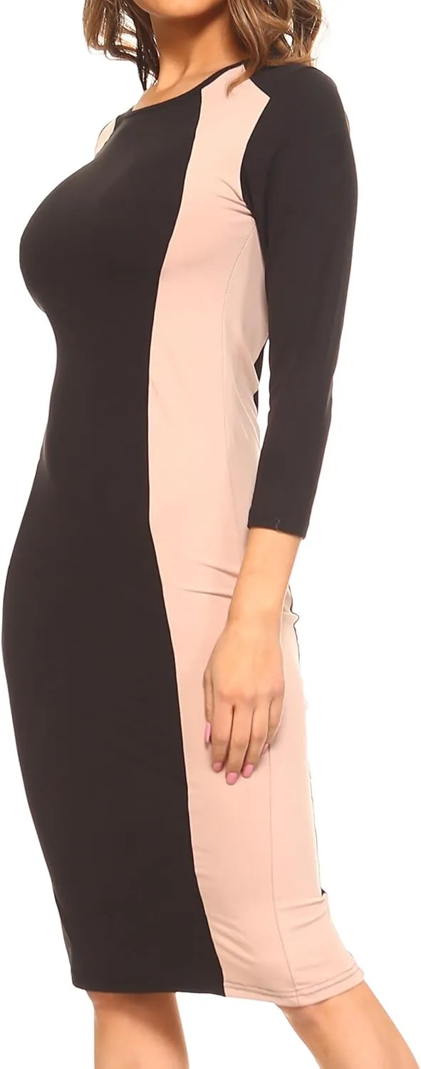 ICONOFLASH Women's 3/4 Sleeves Colorblock Bodycon Midi Dress with Two-Tone Side Panel Contour - S to 3XL