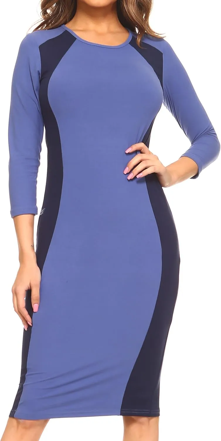 ICONOFLASH Women's 3/4 Sleeves Colorblock Bodycon Midi Dress with Two-Tone Side Panel Contour - S to 3XL