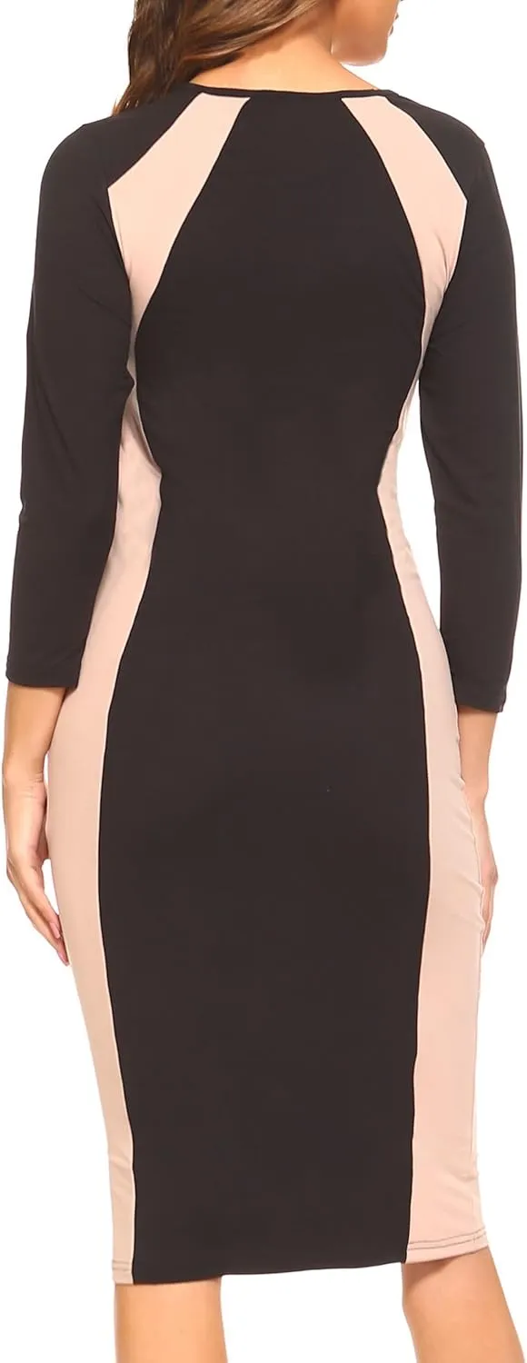 ICONOFLASH Women's 3/4 Sleeves Colorblock Bodycon Midi Dress with Two-Tone Side Panel Contour - S to 3XL