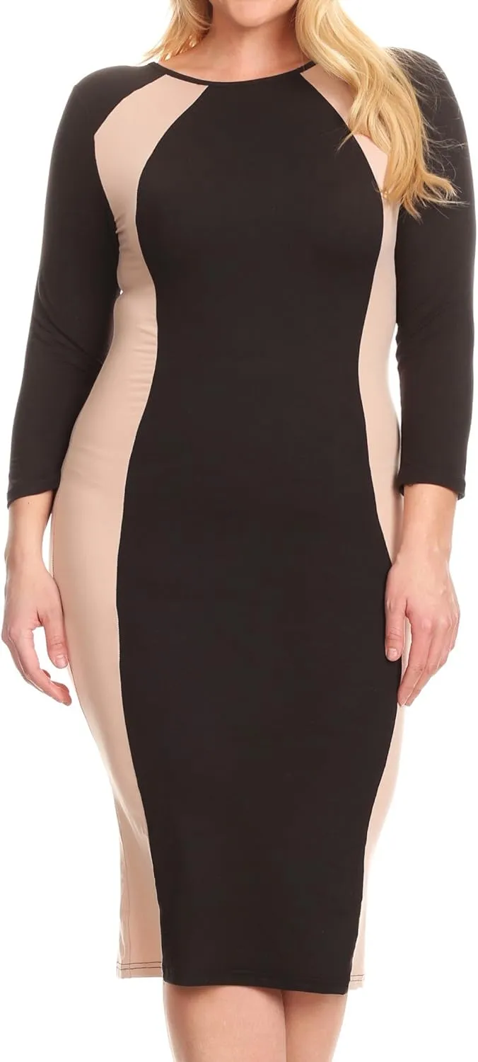ICONOFLASH Women's 3/4 Sleeves Colorblock Bodycon Midi Dress with Two-Tone Side Panel Contour - S to 3XL