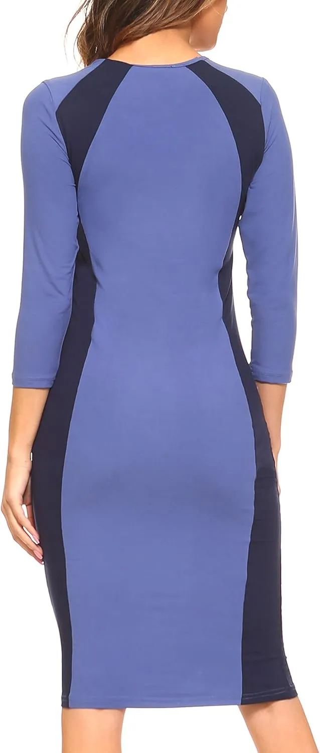 ICONOFLASH Women's 3/4 Sleeves Colorblock Bodycon Midi Dress with Two-Tone Side Panel Contour - S to 3XL
