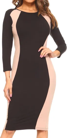 ICONOFLASH Women's 3/4 Sleeves Colorblock Bodycon Midi Dress with Two-Tone Side Panel Contour - S to 3XL
